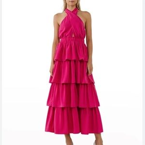 Endless Rose Crossed Halter Neck Tiered Maxi Dress Fuchsia